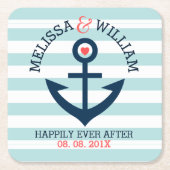 ライトブルー&ホワイトストライプいかりネイビーブルーボート スクエアペーパーコースター (正面)