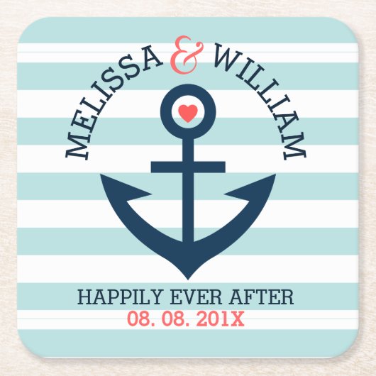 ライトブルー&ホワイトストライプいかりネイビーブルーボート スクエアペーパーコースター (正面)