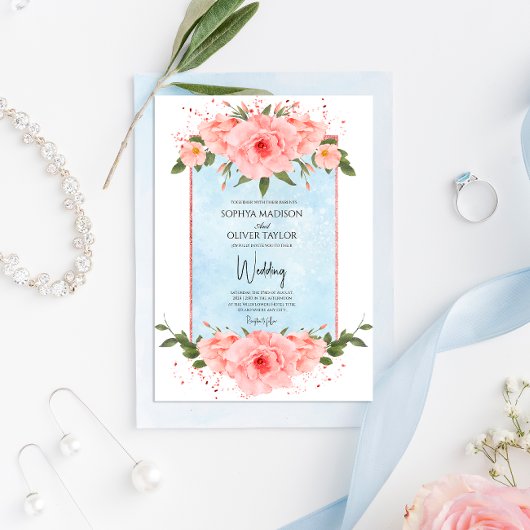 ライトブルー&赤面フラワーダスティブルーボタニカル 招待状