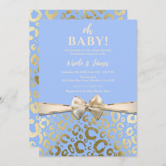 ライトブルー&金ゴールドグラムヒョウ印刷ベビーシャワー 招待状 (正面/裏面)