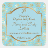 ライトブルー&金ゴールドホイルダマスク化粧品ラベル2 スクエアシール (正面)