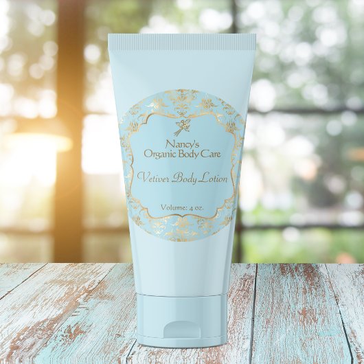 ライトブルー&金ゴールドホイルダマスク化粧品ラベル3 ラウンドシール