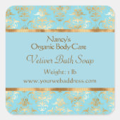 ライトブルー&金ゴールドホイルダマスク化粧品ラベル4 スクエアシール (正面)