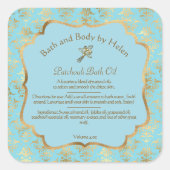 ライトブルー&金ゴールドホイルダマスク化粧品ラベル5 スクエアシール (正面)