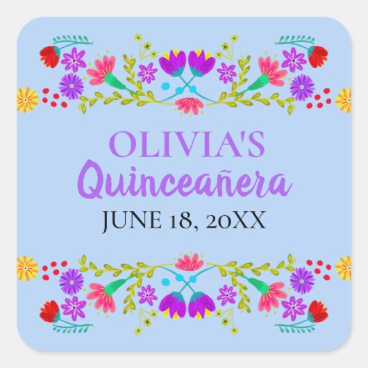 ライトブルーMis Quince Anos Mexican Fiesta花 スクエアシール (正面)