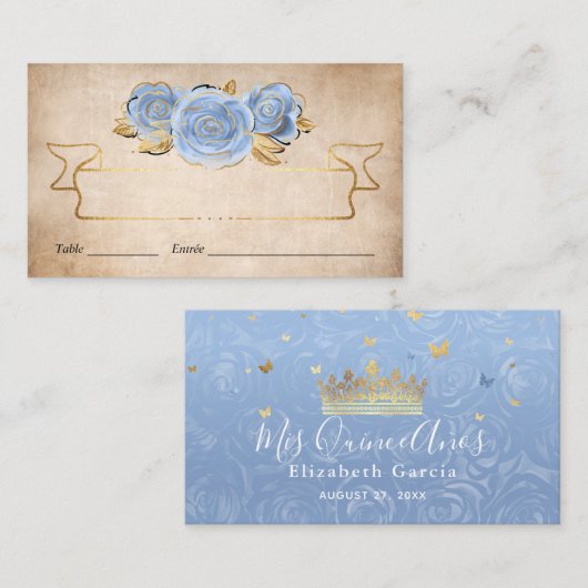ライトベビーブルーと金ゴールドバラウォーター色エスコート プレイスカード (正面/裏面)