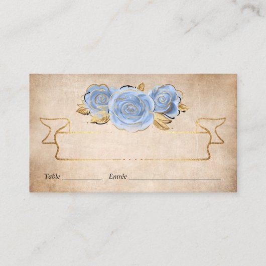 ライトベビーブルーと金ゴールドバラウォーター色エスコート プレイスカード (正面)