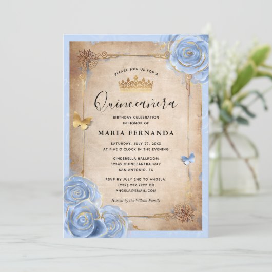 ライトベビーブルーと金ゴールドバラエレガントキンセアニェラ 招待状 (スタンド正面)