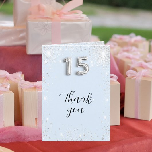 ライトベビーブルーのシルバーグリッター写真のキンセアニエラ サンキューカード