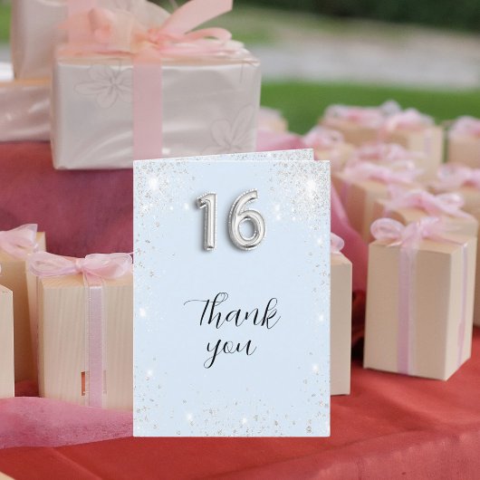 ライトベビーブルーシルバーグリッター写真Sweet 16 サンキューカード