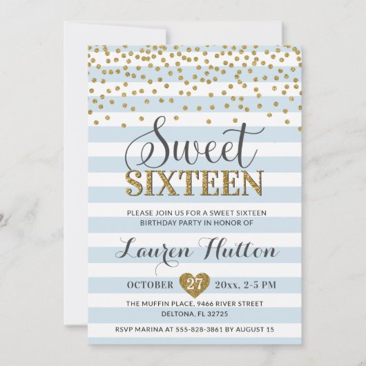 ライトベビーブルー金ゴールドSweet sixteenパーティー誕生日 招待状 (正面)