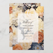 ライトベージュとシャンパンの花柄のウェディング 招待状 (正面/裏面)