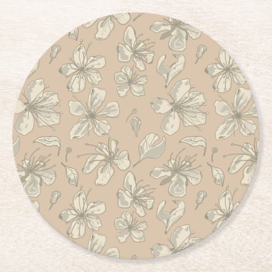 ライトベージュの花を投げる – シームレスパターン ラウンドペーパーコースター (正面)