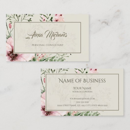 ライトベージュエレガントピンクフォレストフローラフレーム 名刺 (正面/裏面)
