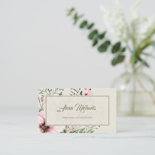 ライトベージュエレガントピンクフォレストフローラフレーム 名刺 (スタンド正面)
