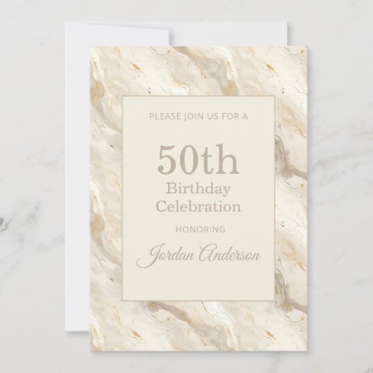 ライトベージュ大理石 50歳の誕生日 招待状 (正面)