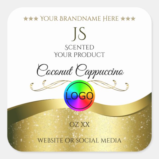 ライトホワイト波状金ゴールドロゴモノグラム製品ラベル スクエアシール (正面)