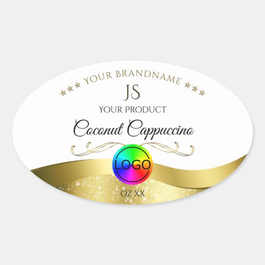 ライトホワイト波状金ゴールドロゴモノグラム製品ラベル 楕円形シール (正面)