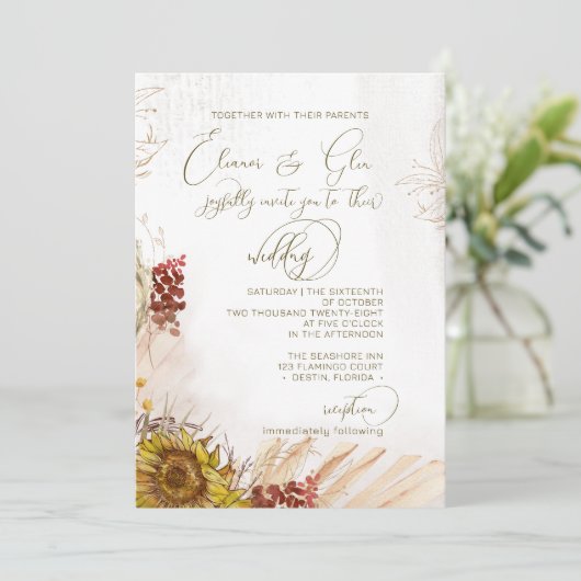 ライトボ素朴ヘミアンサンフラワー結婚式招待状 招待状 (スタンド正面)