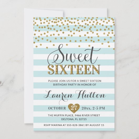 ライトミントグリーン金ゴールドSweet sixteenパーティー誕生日 招待状 (正面)