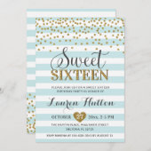 ライトミントグリーン金ゴールドSweet sixteenパーティー誕生日 招待状 (正面/裏面)