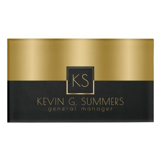 ライトモダン金ゴールドと黒の幾何学的デザイン 名札 (正面)