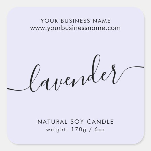 ライトラベンダーモダンスクリプトろうそく製品ラベル スクエアシール (正面)