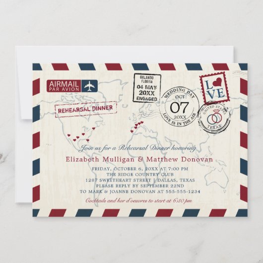 ライトヴィンテージマップ結婚のエアメールのリハーサルディナー 招待状 (正面)