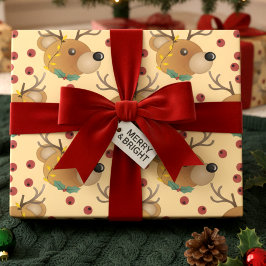 ライト付きのトナカイのテディベア ベージュのクリスマス ラッピングペーパー
