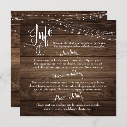 ライト付きの素朴な茶色の木 / 結婚情報スクリプト 招待状 (正面/裏面)