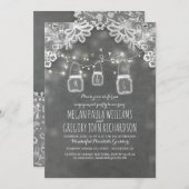 ライト付きメイソンジャーとレースのラスティックエンゲージメントパーティー 招待状 (正面/裏面)