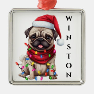 ライト付き愛らしいクリスマスパグ犬 メタルオーナメント
