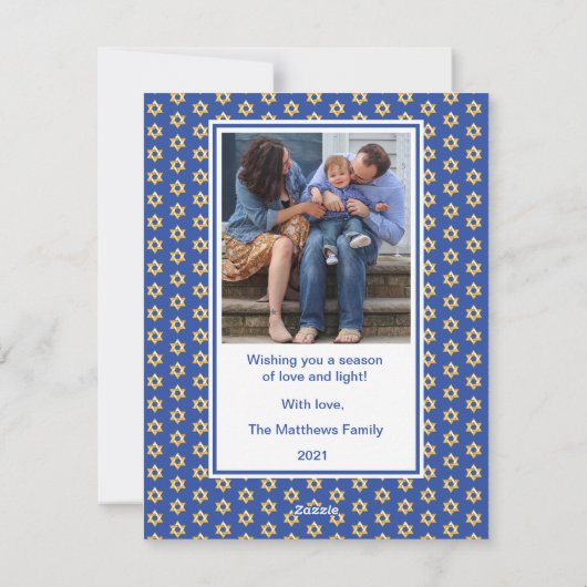 ライト付き（ユダヤ教）メノラーハッピーハヌカー家族の写真 シーズンカード (裏面)