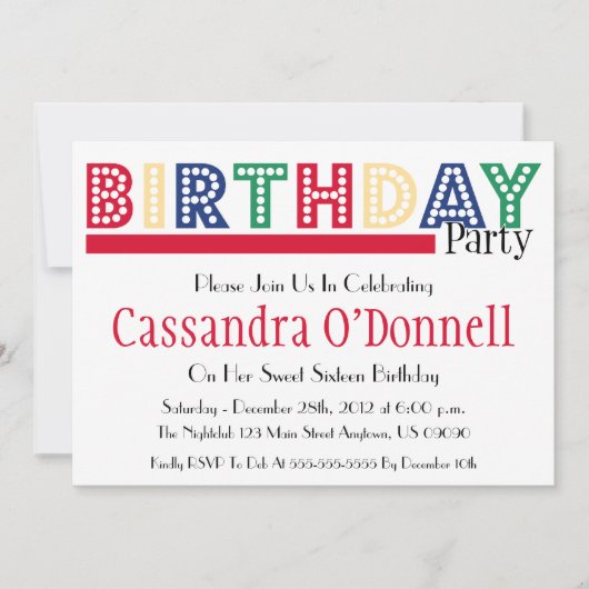 ライト内の名前バースデーパーティ招待状(赤) 招待状 (正面)