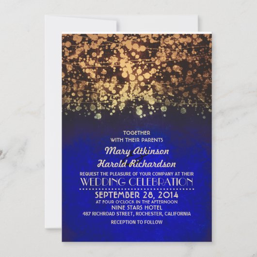 ライト海軍及び金ゴールドのヴィンテージのグリッターの結婚式をひもでつないで下さい 招待状 (正面)