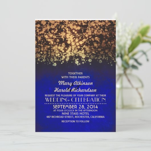 ライト海軍及び金ゴールドのヴィンテージのグリッターの結婚式をひもでつないで下さい 招待状 (スタンド正面)