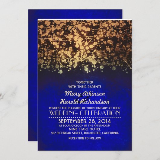 ライト海軍及び金ゴールドのヴィンテージのグリッターの結婚式をひもでつないで下さい 招待状 (正面/裏面)