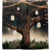 ライト素朴とメイソンジャースの付いたナイトツリー シャワーカーテン (正面)