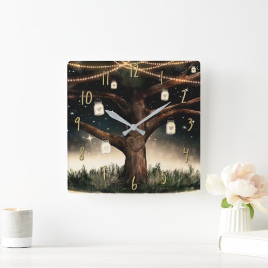 ライト素朴とメイソンジャースの付いたナイトツリー スクエア壁時計 (ホーム)
