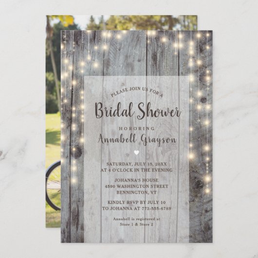 ライト素朴ウッドフォトブライダルシャワー 招待状 (正面/裏面)