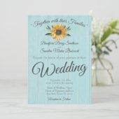 ライト素朴ティール(緑がかった色)ブルーバーンウッドサンフラワー結婚ズ 招待状 (スタンド正面)