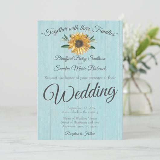 ライト素朴ティール(緑がかった色)ブルーバーンウッドサンフラワー結婚ズ 招待状 (スタンド正面)