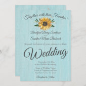 ライト素朴ティール(緑がかった色)ブルーバーンウッドサンフラワー結婚ズ 招待状 (正面/裏面)