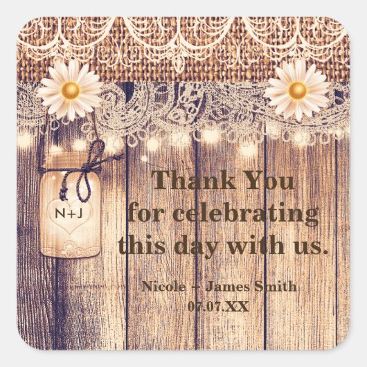 ライト素朴メイソンジャースデイジー&レース結婚ズ スクエアシール (正面)