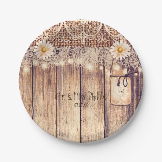 ライト素朴メイソンジャースデイジー&レース結婚ズ ペーパープレート (正面)