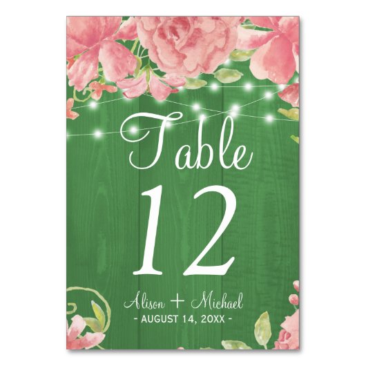 ライト素朴赤面ピンクの牡丹結婚緑色 テーブルナンバー (正面)