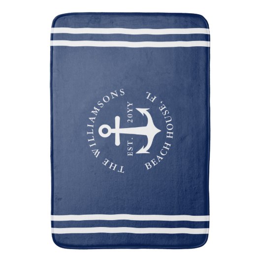 ライト航海のネイビーブルーホワイトいかりモノグラムの バスマット (正面縦)