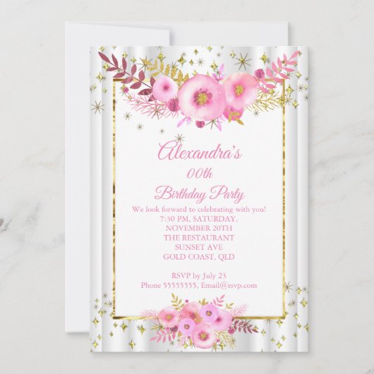ライト赤面ピンク白い花金ゴールド誕生日パーティー 招待状 (正面)