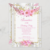 ライト赤面ピンク白い花金ゴールド誕生日パーティー 招待状 (正面/裏面)