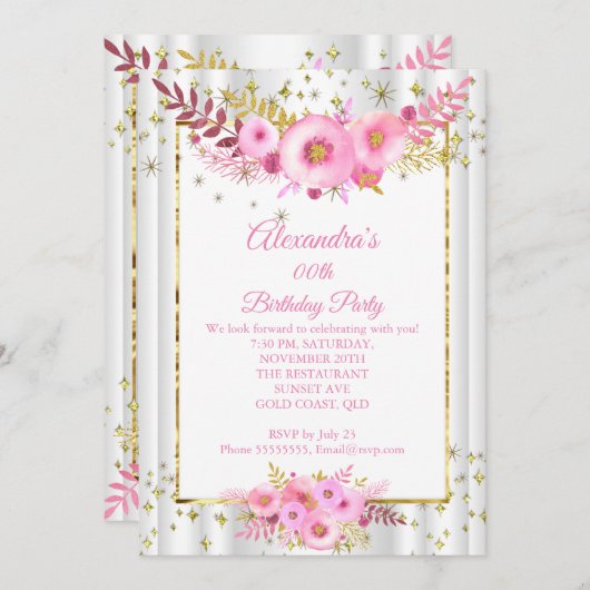 ライト赤面ピンク白い花金ゴールド誕生日パーティー 招待状 (正面/裏面)